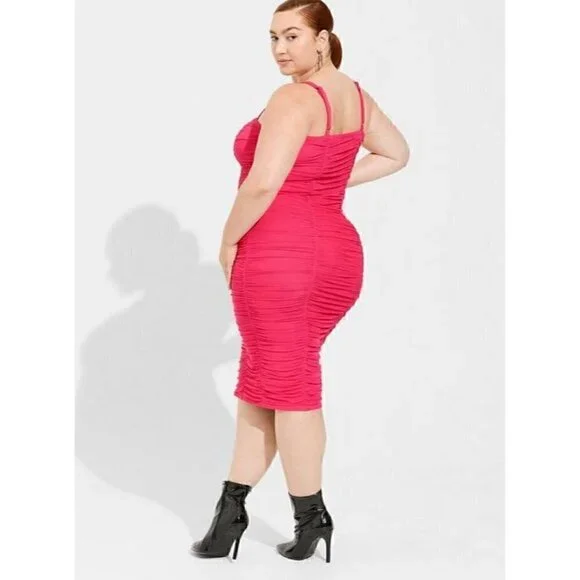 Torrid Plus Size 1, 1X, 14-16 Midi Mesh Bodycon Dress, Pink - Picture 2 of 9